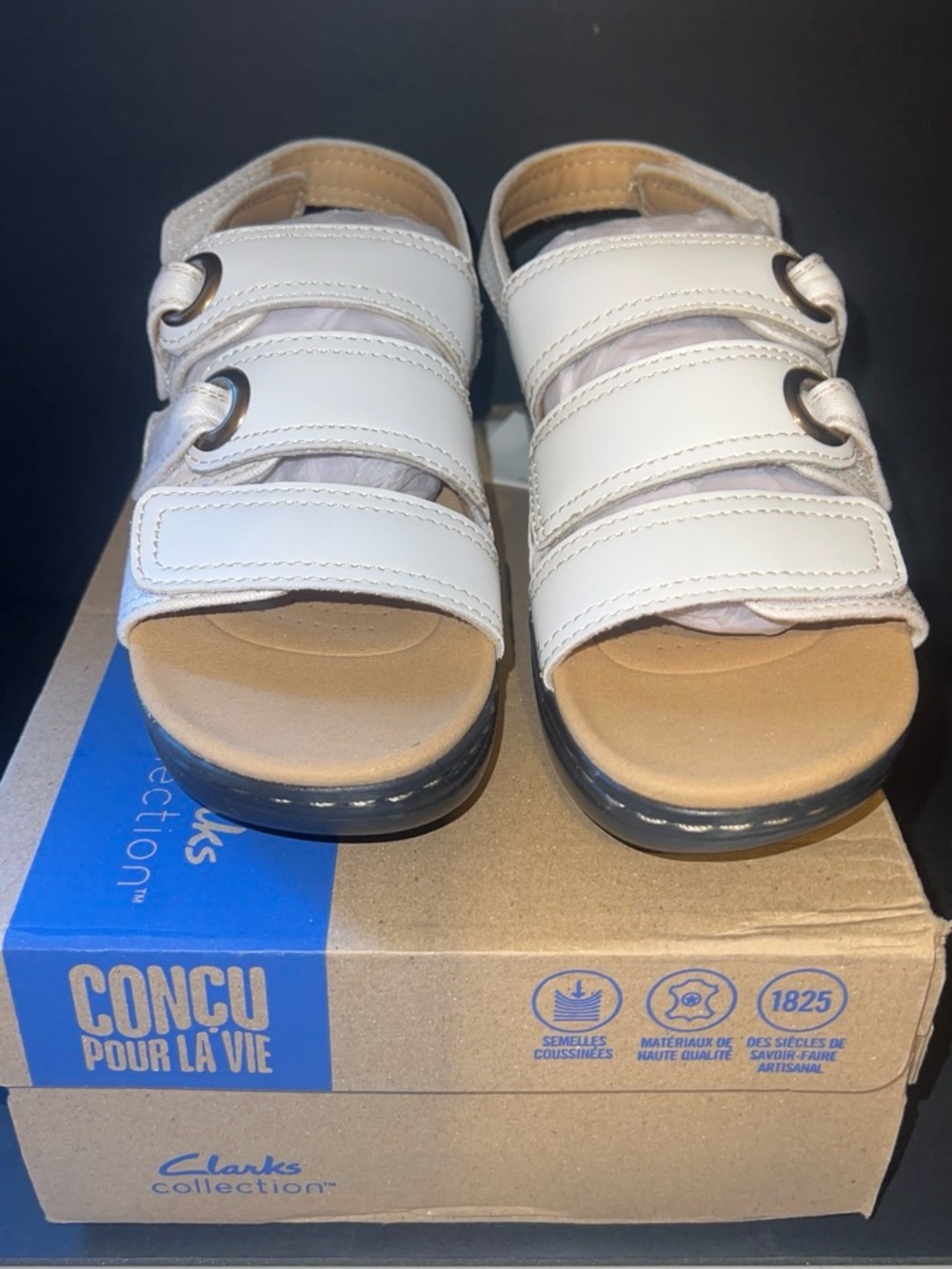 Clarks White Triple-Strap Velcro Sandals with Tan Footbed